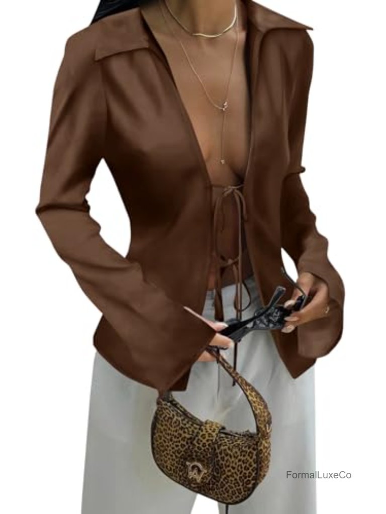 Sexy Deep V Neck Tie Front Satin Blouse Long Sleeve Y2k Going Out Top